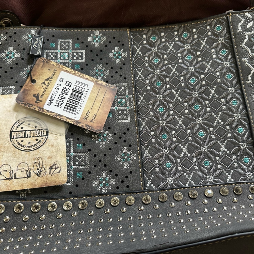 Montana West Black Tote with Teal and Silver Embroidery